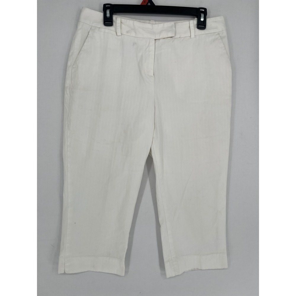 Josephine Chaus Womens White Herringbone Cotton Stretch Crop Capri Pants Size 12